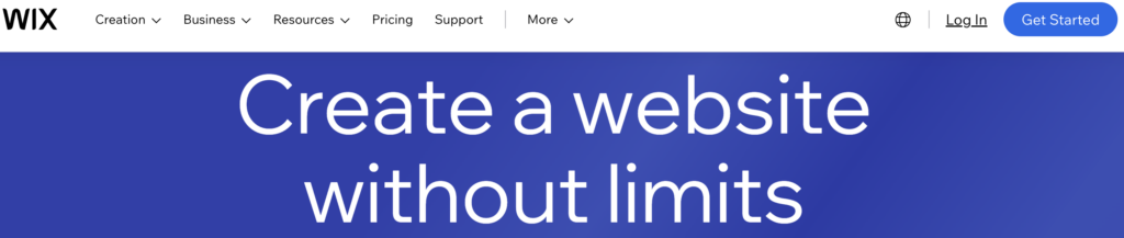 Wix website builder homepage: it says Create a wensite without limits on a blue background